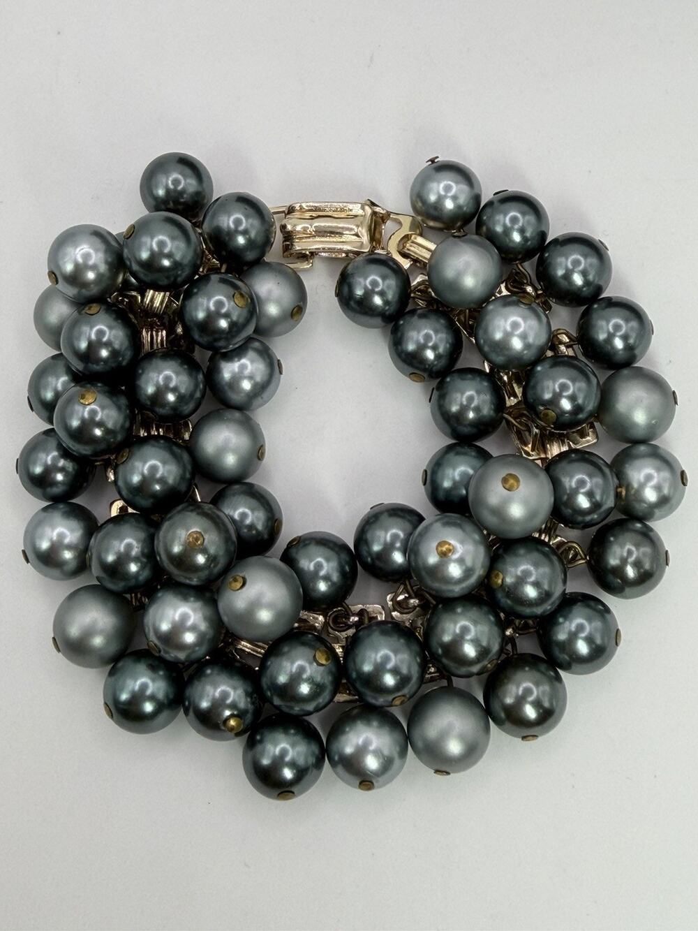 Vintage Japan Multi Strand Faux Pearl Cluster Bracelet Blue Gray Mid Century